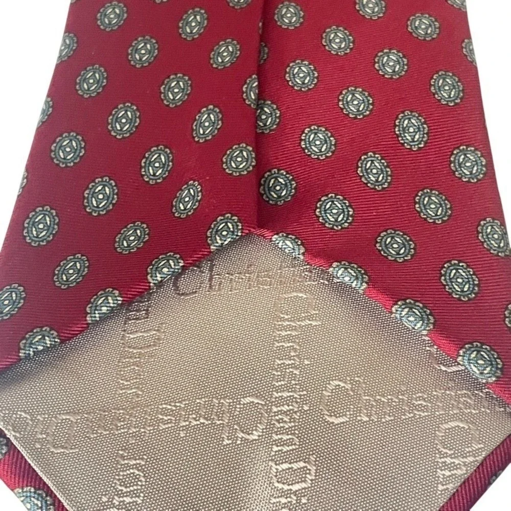 vintage Christian Dior Silk Tie Red Blue Medallion Designer Necktie